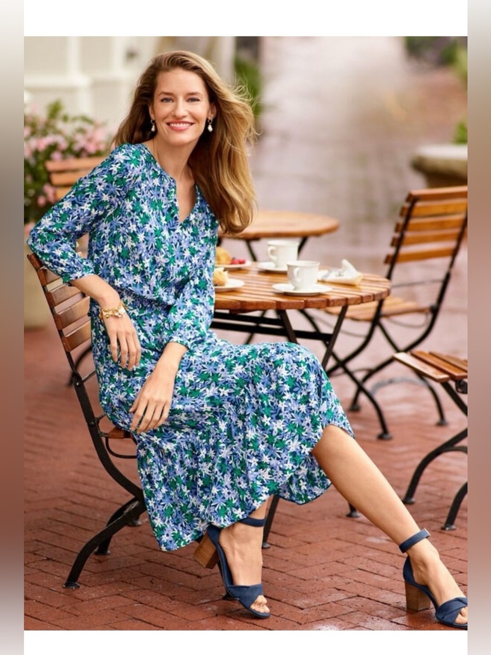 TALBOTS Sz 6 Petite Midi Dress Flowy Blue Green Floral Print Split Neck